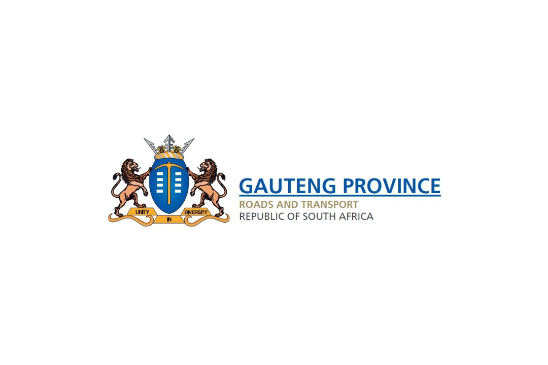 Logo of Gauteng Province Roads and Transport, South Africa, with a shield, two lions, and a banner reading 'Unity in Diversity'.