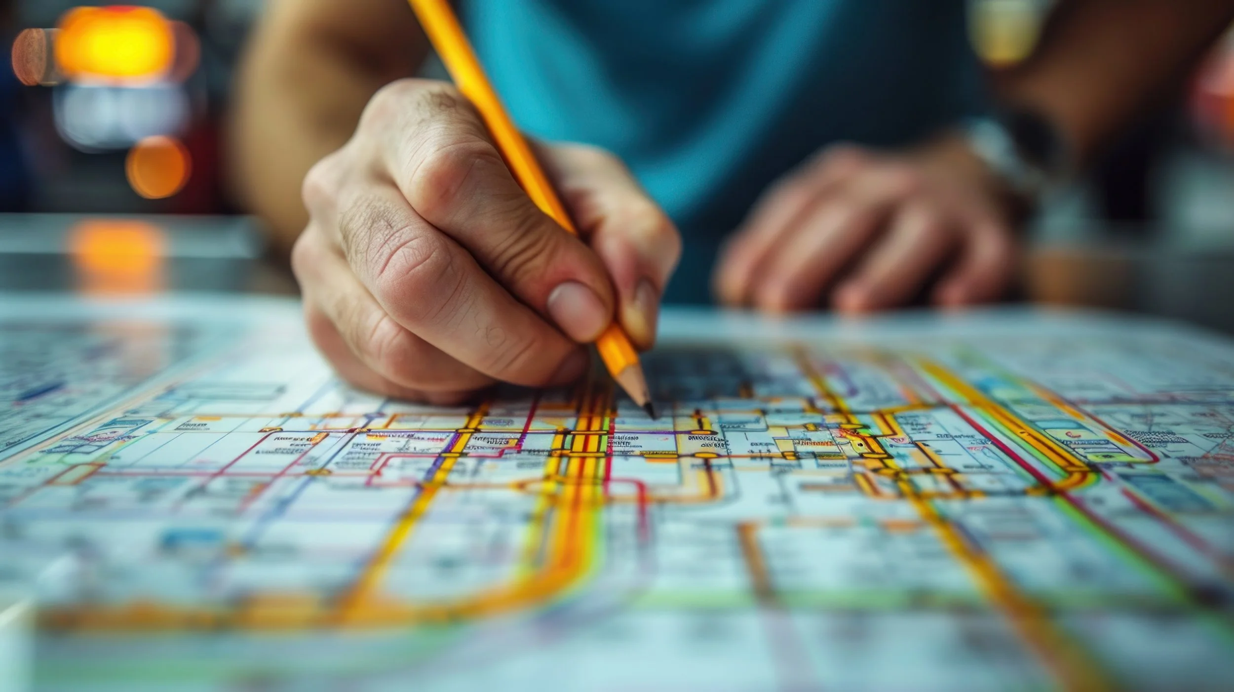 Person marking a subway or metro map with a yellow pencil