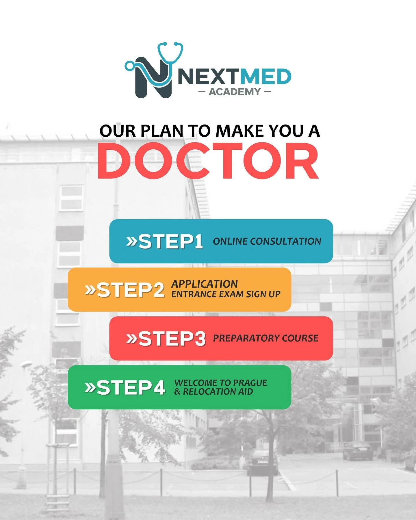 Your journey to becoming a doctor starts here &ndash; and we&rsquo;re with you every step of the way!

At NextMed Academy, we&rsquo;ve designed a 4-step plan to guide you from your first questions to your first day at med school in Prague.

Dream big