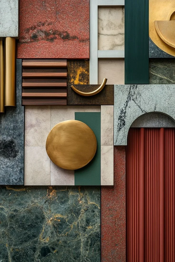 A collage of various textured and colored tiles and materials, including marble, metal, stone, wood, and painted surfaces.