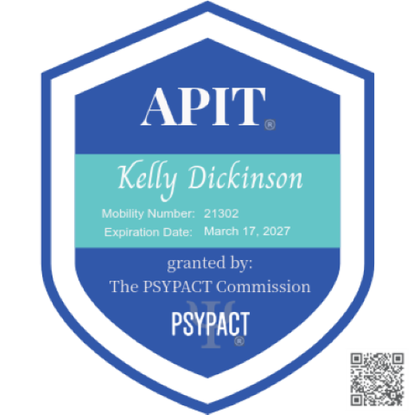 APIT license badge for Kelly Dickinson, granted by The PSYPACT Commission, valid until March 17, 2027.