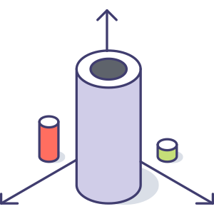 3D bar chart with three bars of different heights and colors, with arrows indicating axes.