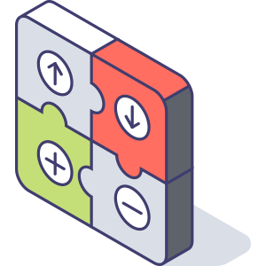 Four colored jigsaw puzzle pieces arranged in an L shape, each with a black symbol: plus, minus, mention, and down arrow.