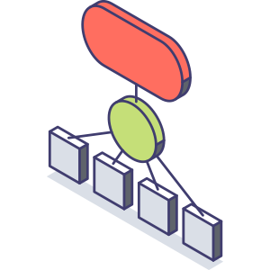 Diagram of a computer network with a central server connected to five computer monitors.