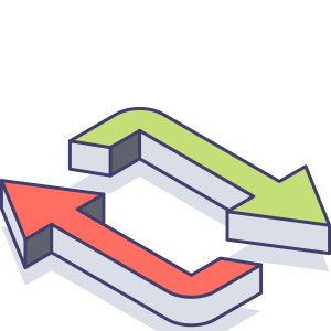An illustration of two arrows forming a loop, one pointing clockwise in green and the other counterclockwise in red, symbolizing a cycle or process.