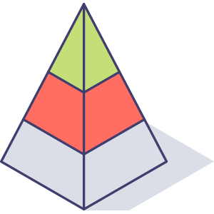 Colorful pyramid with four levels, each in different colors: green at the top, followed by red, purple, and white at the base, with shadows cast on the surface.