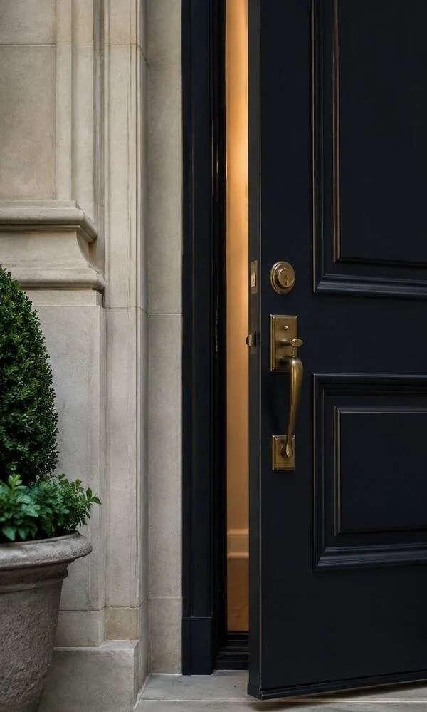 Dark navy front door with brass hardware opening to warm interior light.