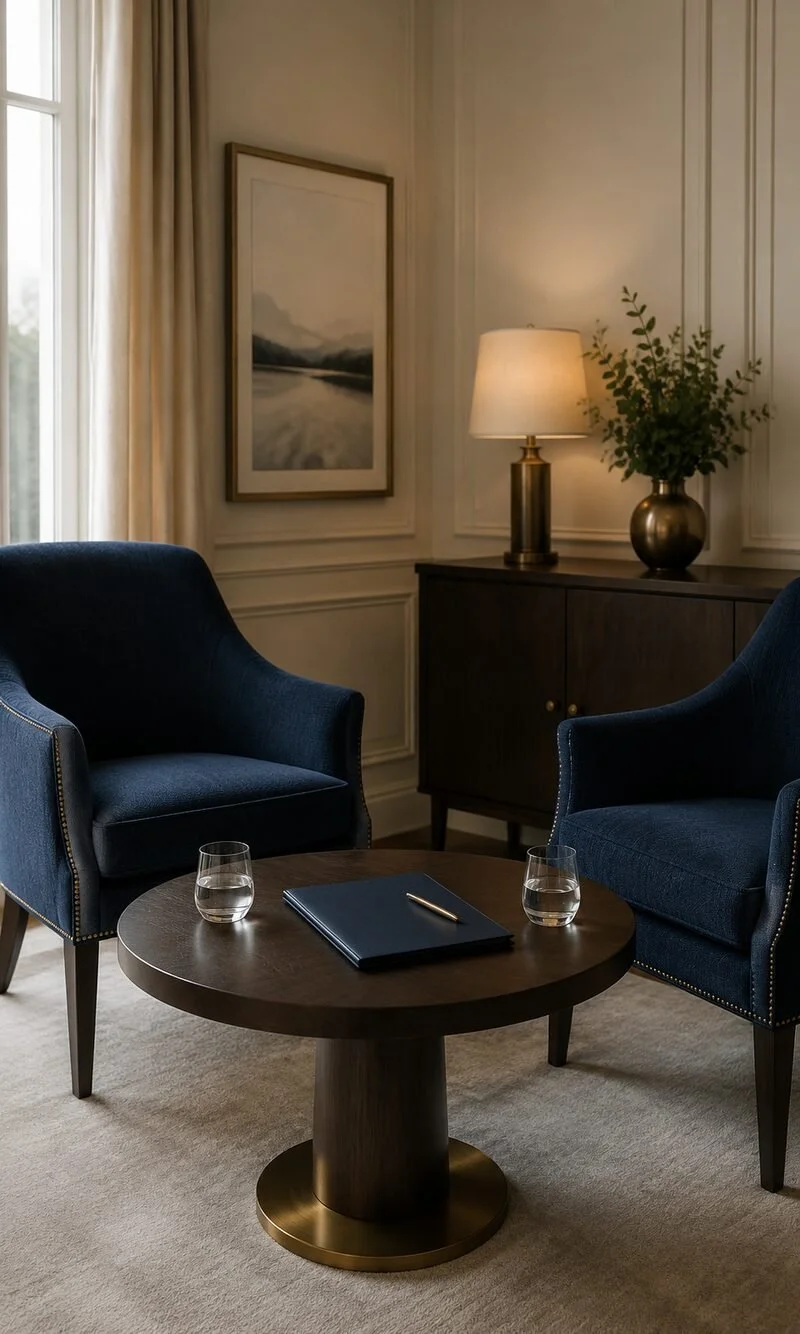 Two navy chairs arranged for a private consultation in a warmly lit room.