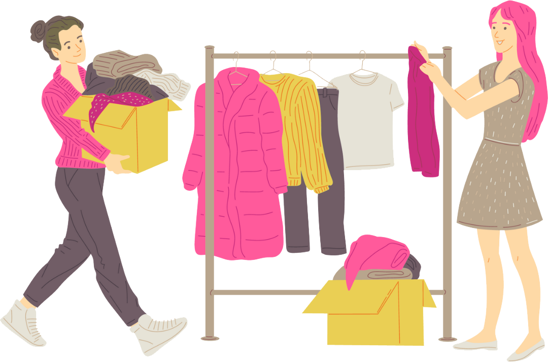 Two women are organizing clothes in a closet. One woman with brown hair in a bun is carrying a box of folded clothes, while the other woman with pink hair is hanging a pink garment on a clothing rack.