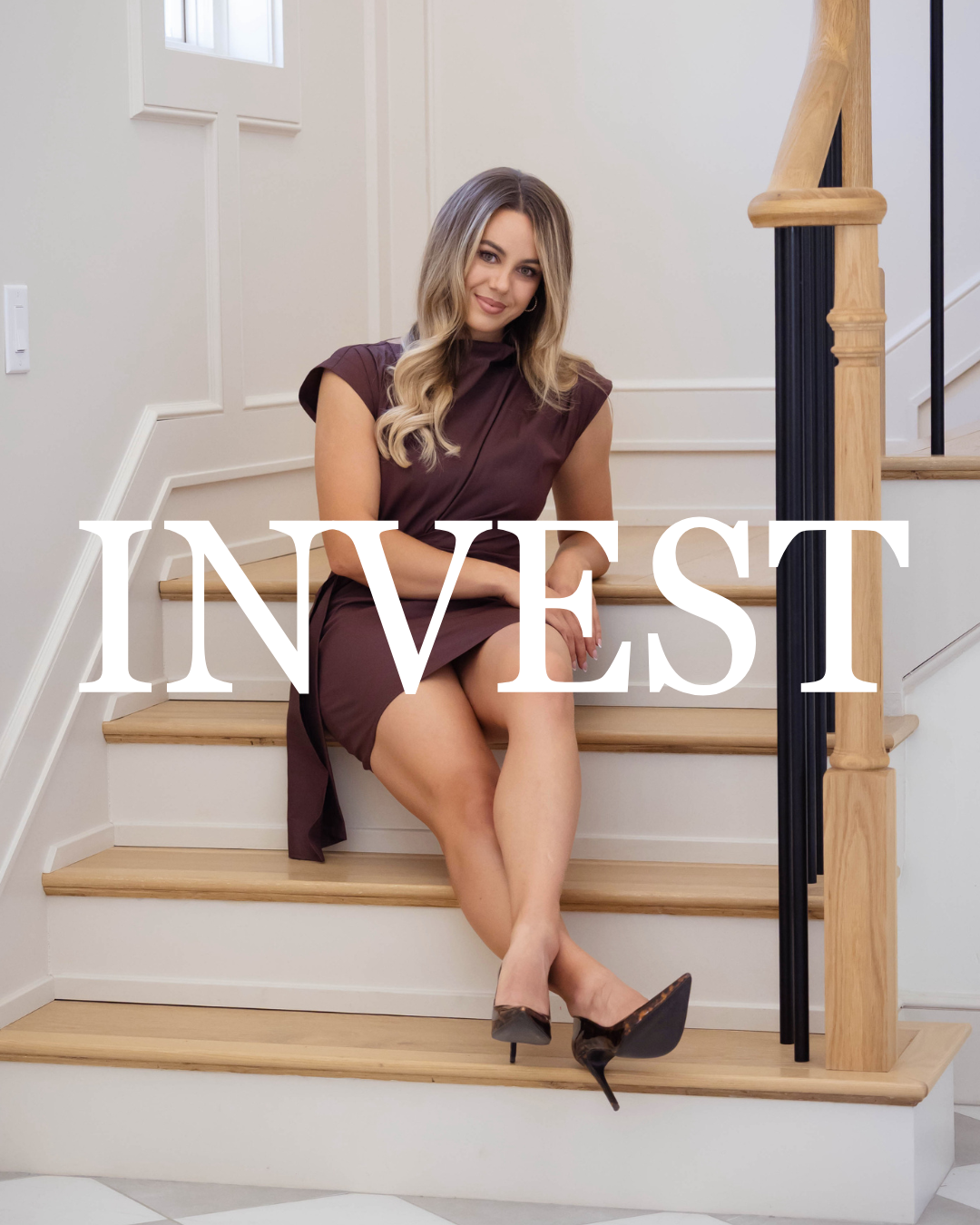 A woman with long blonde hair smiling while tending to a green houseplant in a modern indoor setting. "INVEST" is displayed in large white letters.