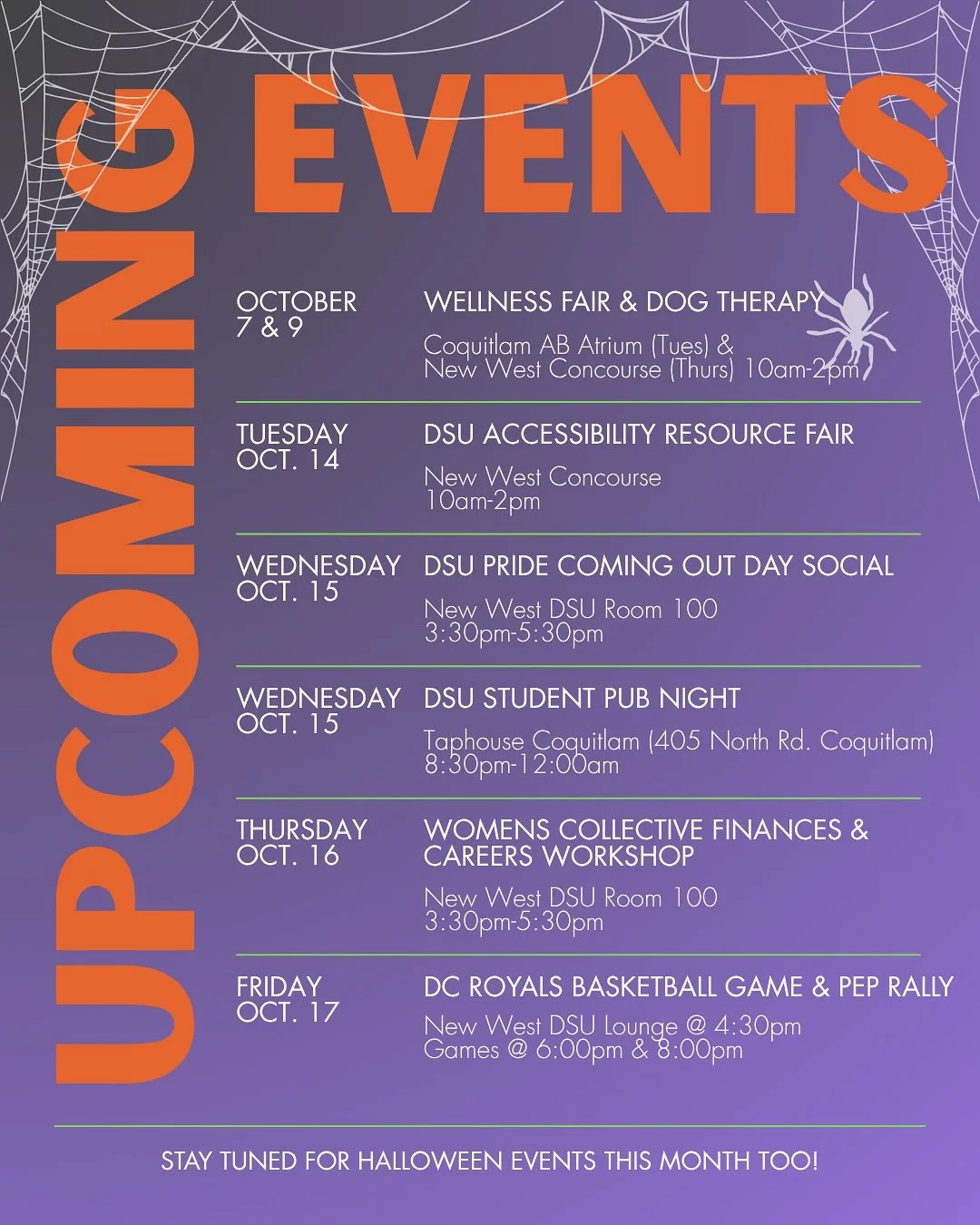 October is here! ⏭️Swipe thru to check out our upcoming events at the DSU - wellness fairs, dog therapy, pub nights, and more! 🎃👻 We can't wait to see you!