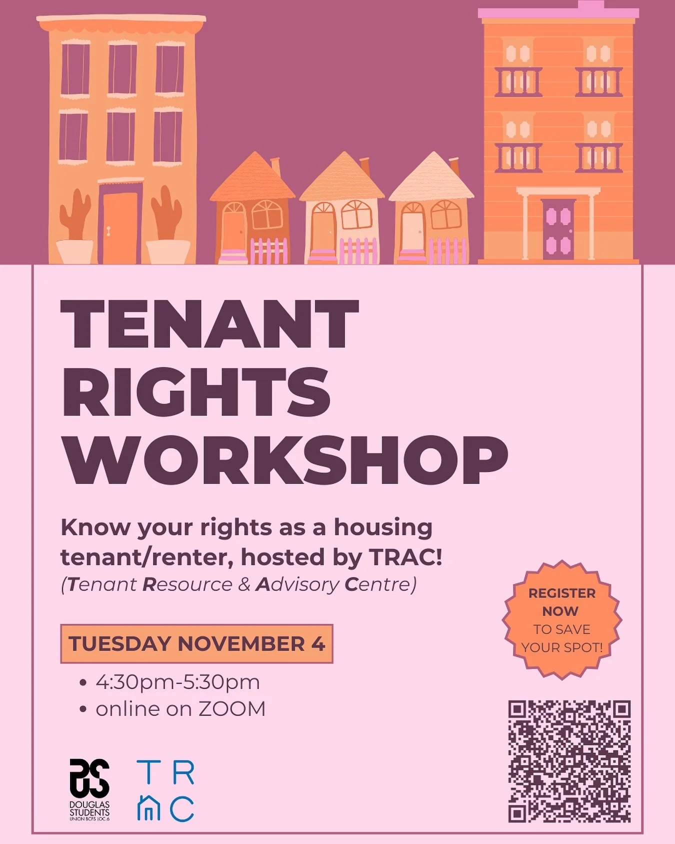 It&rsquo;s important to know your rights when renting a home! 
🏠🏠🏠
Come to our Tenant Rights Workshop to learn how to protect yourself and your rights as a tenant/renter, hosted by @trac_bc (Tenant Rights Advisory Council)

Register through the QR