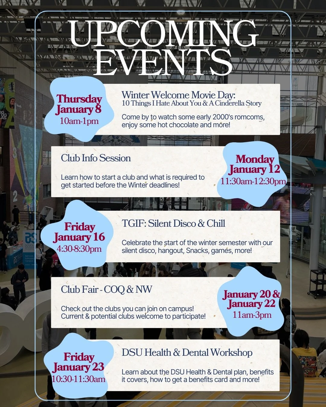 We&rsquo;re back and so are our events! 
⏭️Swipe thru to check out some of the upcoming DSU events, workshops and sessions these next few weeks. And stay tuned for more upcoming event info throughout the semester!
