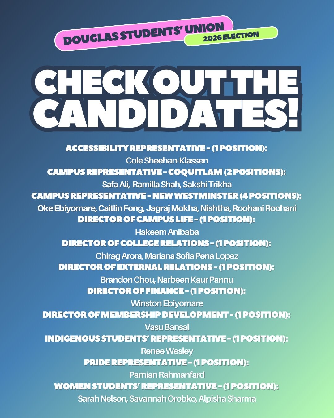DSU Elections are underway! Swipe through to check out the candidates running for positions on the DSU Board of Directors for 2026-2027! 

To learn more about each candidate and to read their platform, visit the link in our bio!