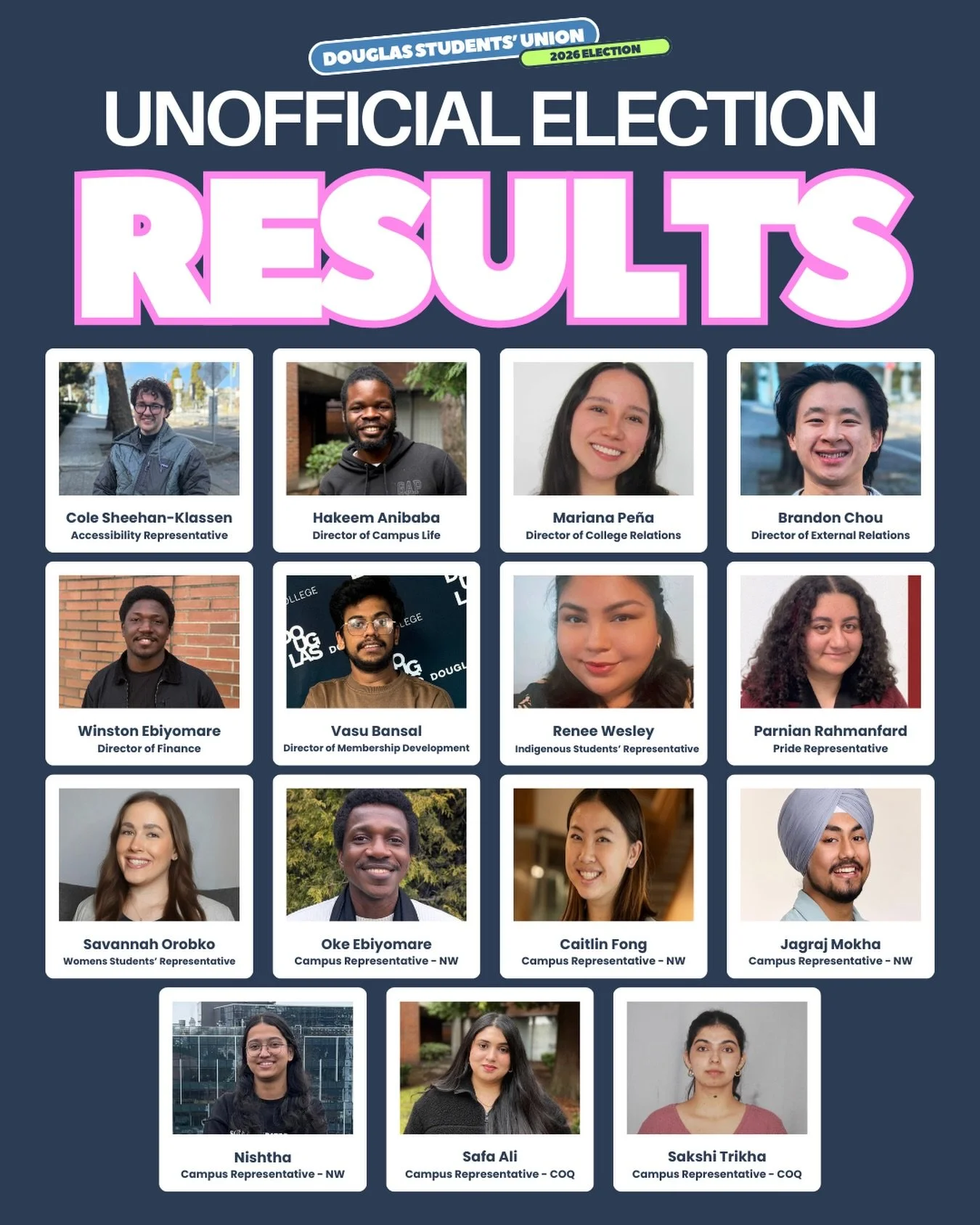 ✨ The results are in, and we&rsquo;re excited to present the results of our recent DSU Student election!✨

Thank you to everyone who participated, ran in the election, voted, and made their voices heard. Congratulations to the winners and we look for