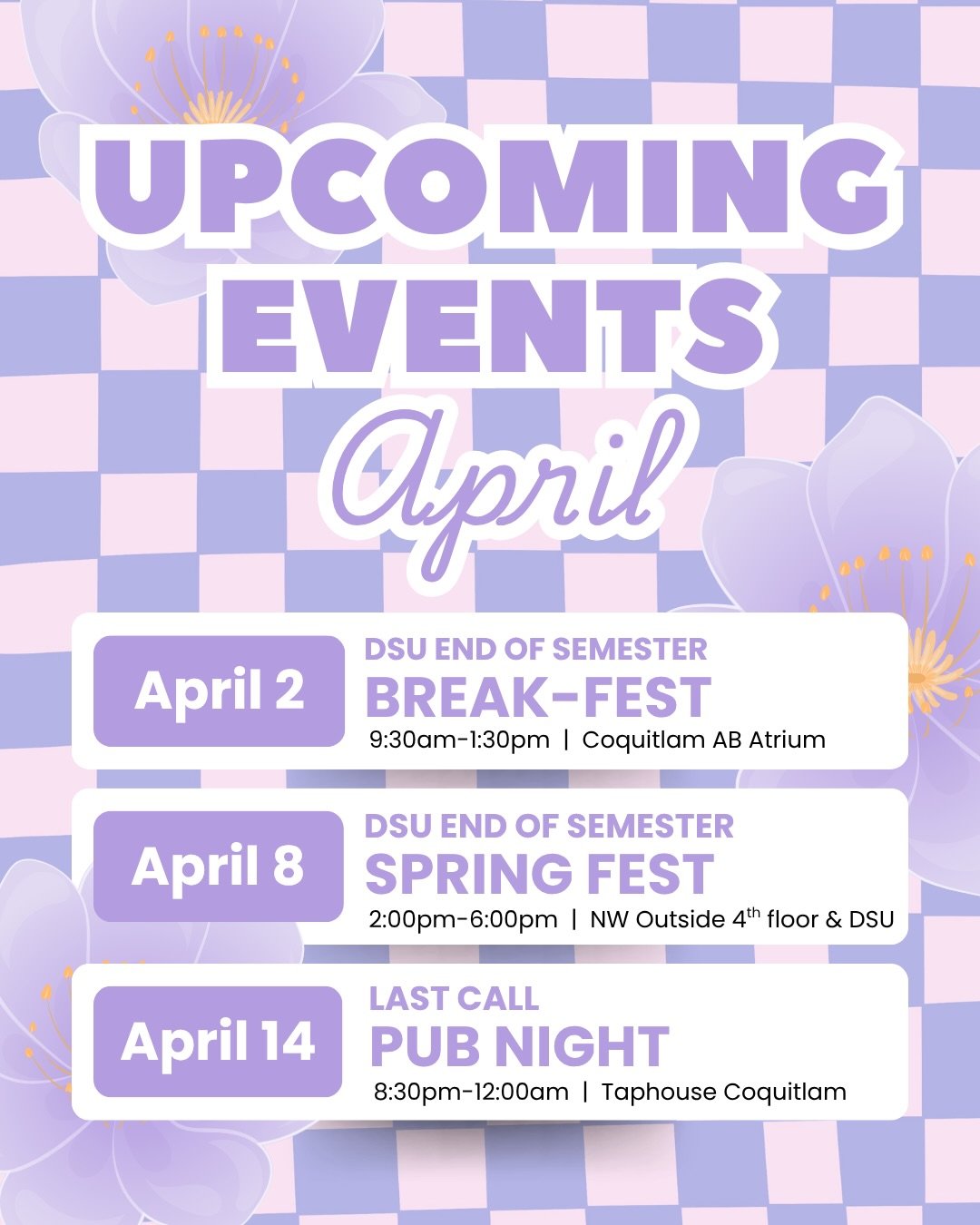 The final few events of the Spring semester are here🌸🌼

Stop on by to celebrate the end of the semester at our BreakFest🍳, Spring Fest🌿, and the final Pub Night🪩

Swipe thru for event details!