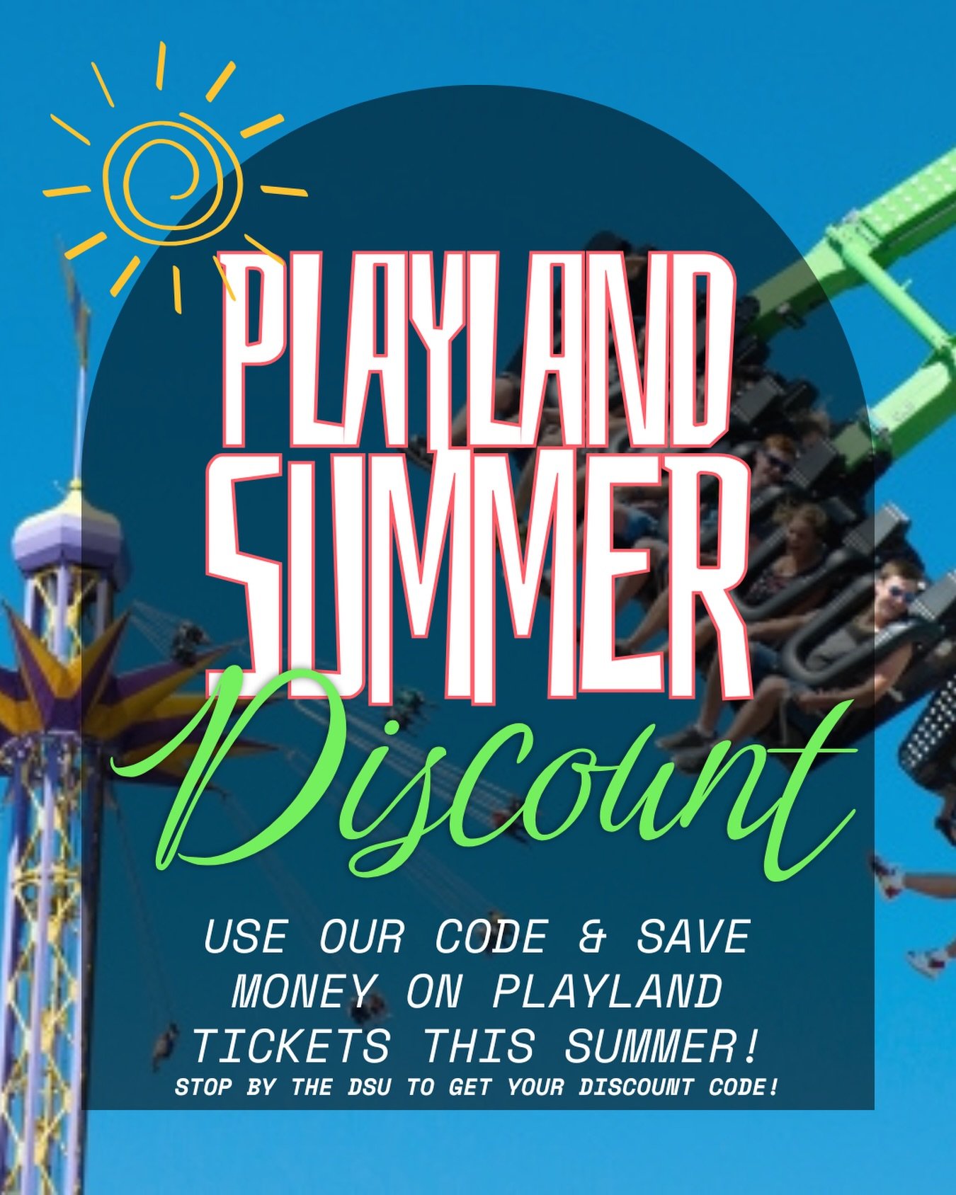 Headed to the PNE or Playland this summer? 
🎢🎡🎟️ 
Stop by the DSU beforehand to get your discount code!

(Discount codes are available from the DSU kiosk in Coquitlam or the DSU front desk in New West, Monday-Friday 10am-3:30pm)