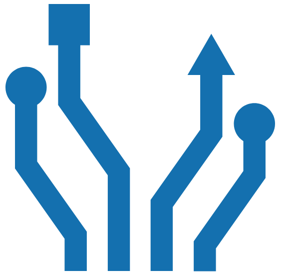 A stylized graphic of multiple interconnected blue circuit lines with arrows.