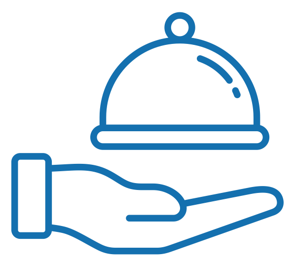Line drawing of a hand holding a serving tray with a cloche cover.