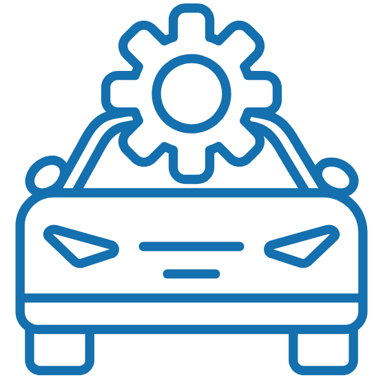 Car with a gear icon above it, indicating vehicle maintenance or repair.