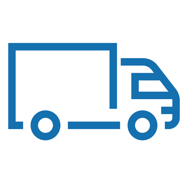Blue outline icon of a delivery truck on a black background.