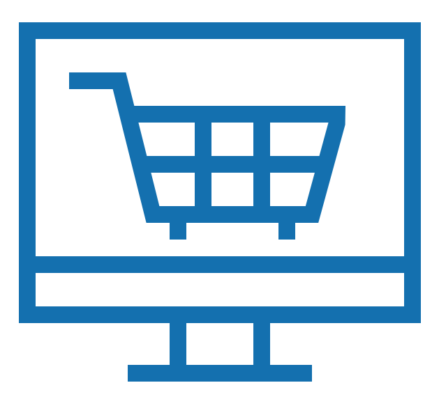 Computer monitor displaying a shopping cart icon.