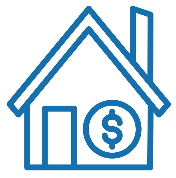 Line drawing of a house with a dollar sign on a circle in front of it.