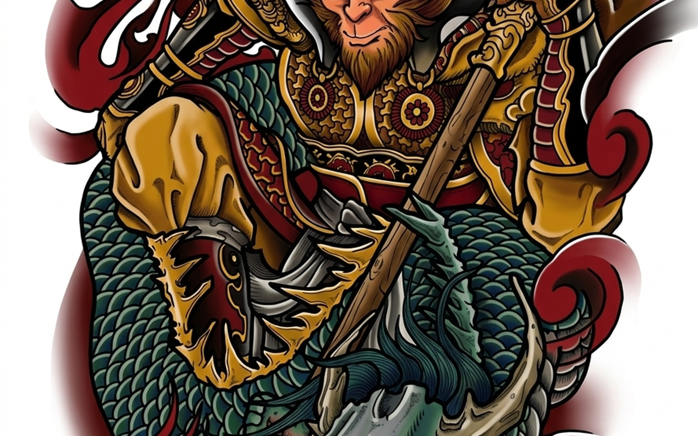 Traditional colour version of the Monkey King tattoo design by Kuroko Ink