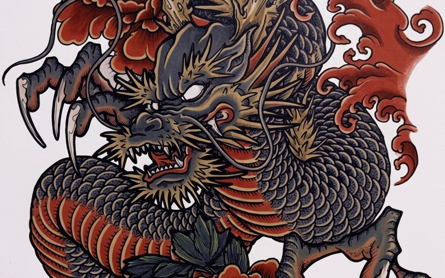Traditional colour version of the Ironclad Dragon tattoo design by Kuroko Ink