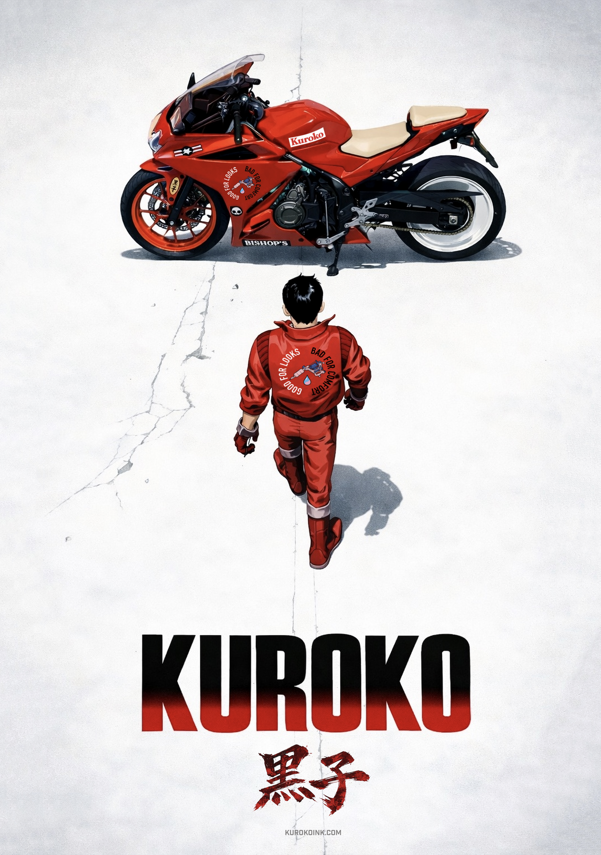 Kuroko Akira-inspired bike poster with rider and motorbike artwork