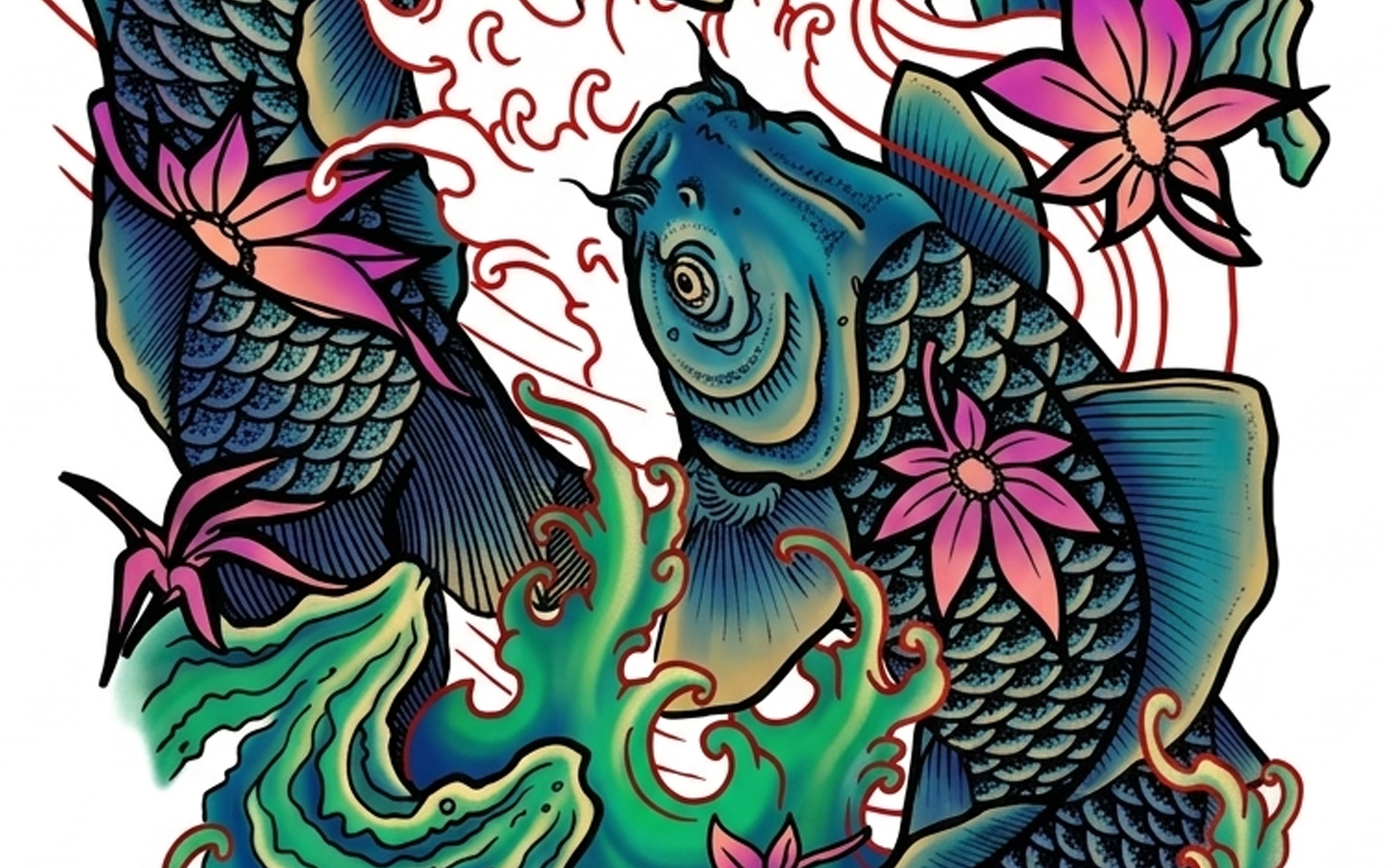 Neo-traditional colour version of the koi floral tattoo design by Kuroko Ink
