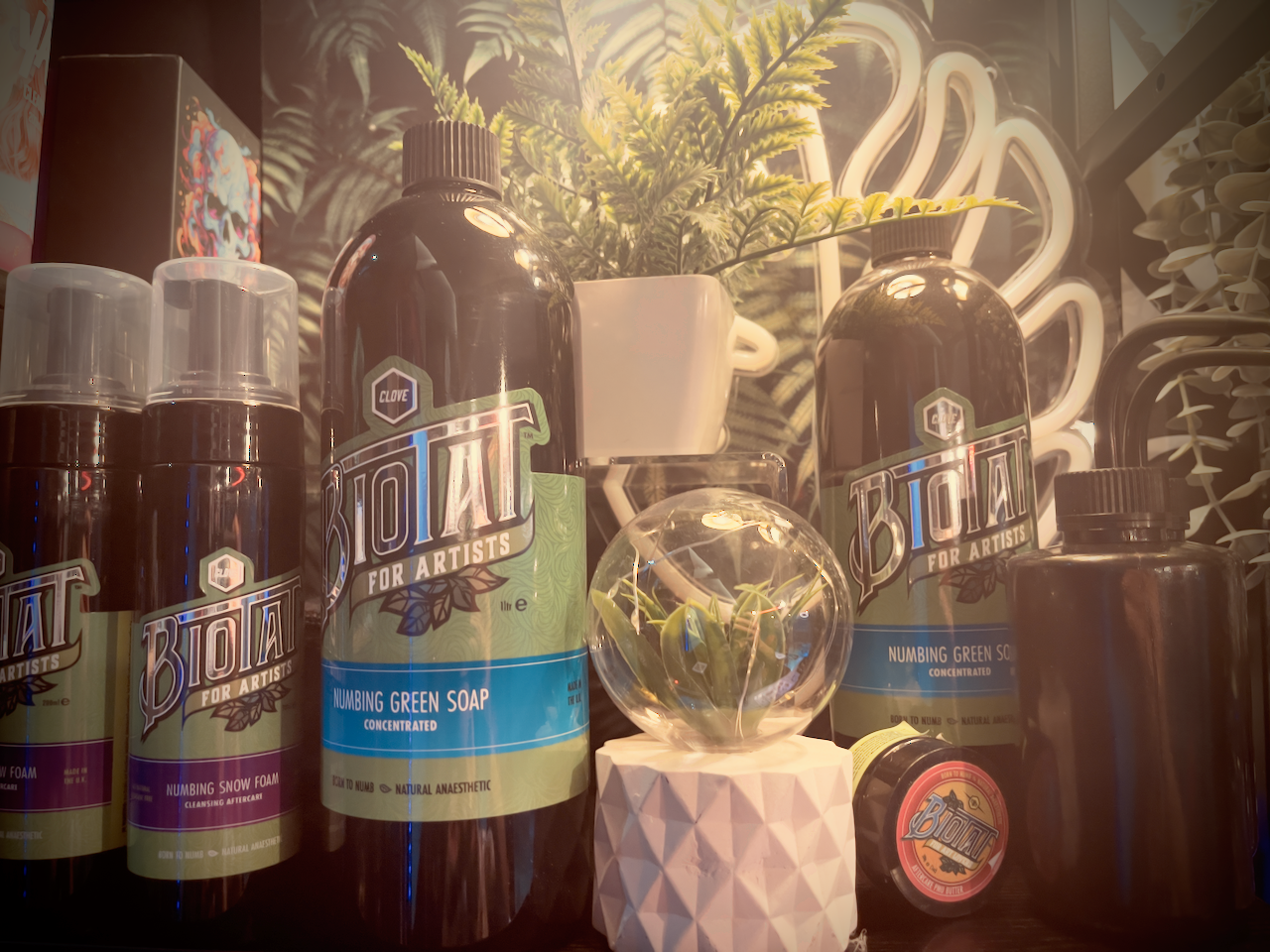 Close-up of studio products and decorative shelf styling