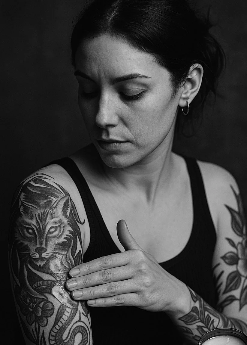 Black and white photo of a woman with dark hair, wearing a black tank top, showing her tattoos on her shoulders and arms. She is looking down and touching her upper arm.