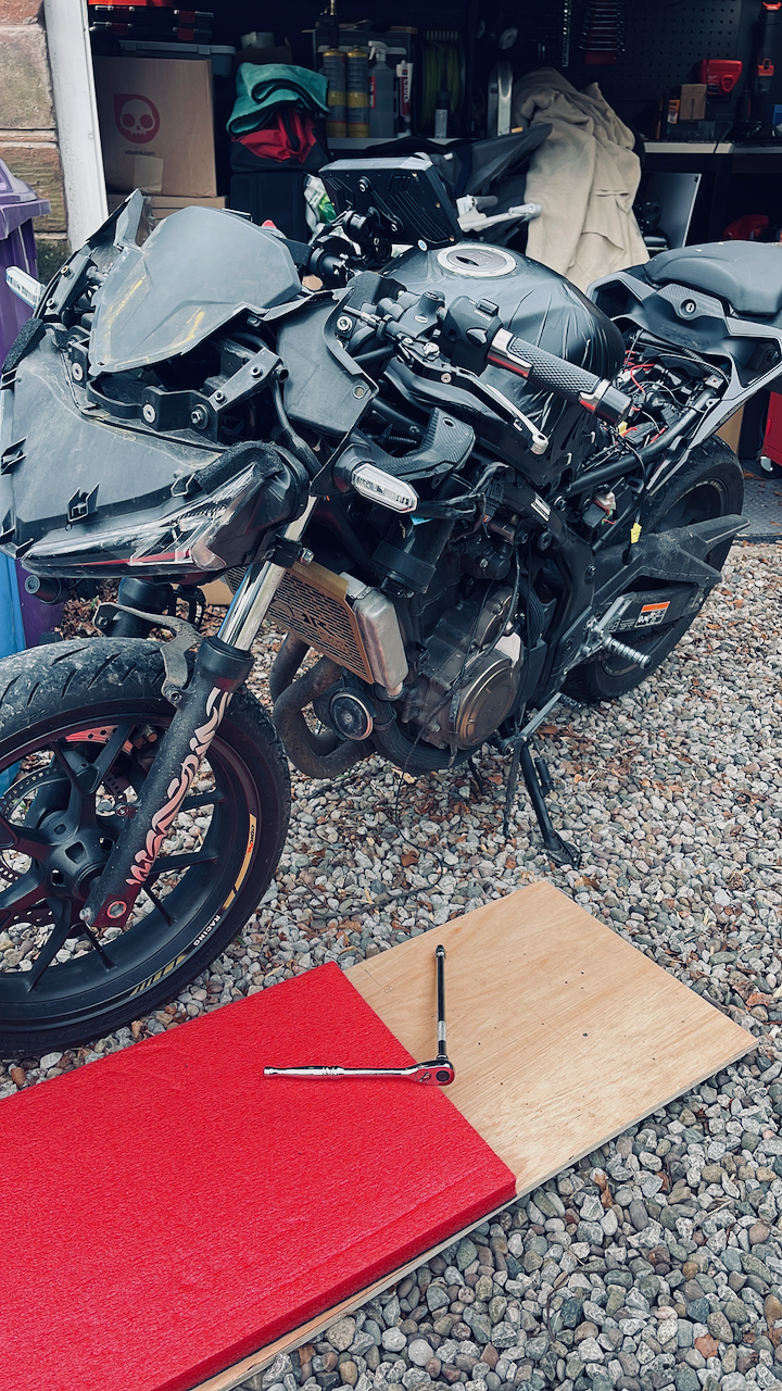 Honda CBR motorbike stripped down during the Kuroko Akira build