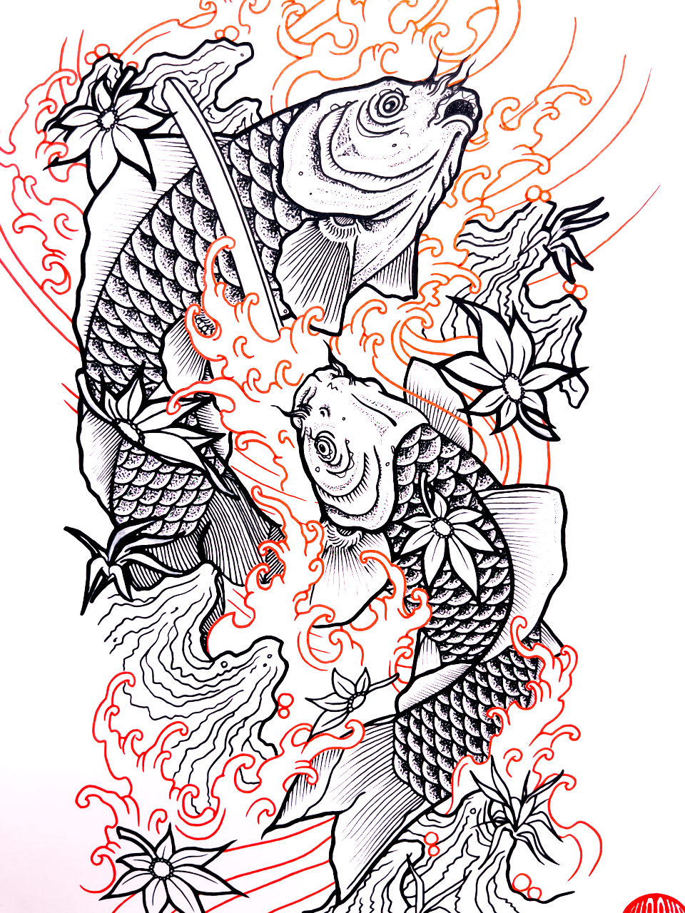 Hand-drawn koi tattoo design with flowers by Kuroko Ink