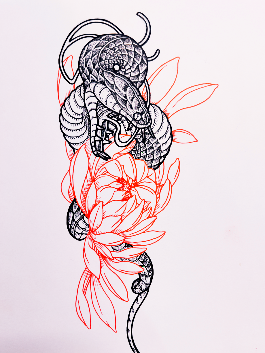 Hand-drawn serpent and lotus tattoo design titled Lotus Coil Serpent by Kuroko Ink