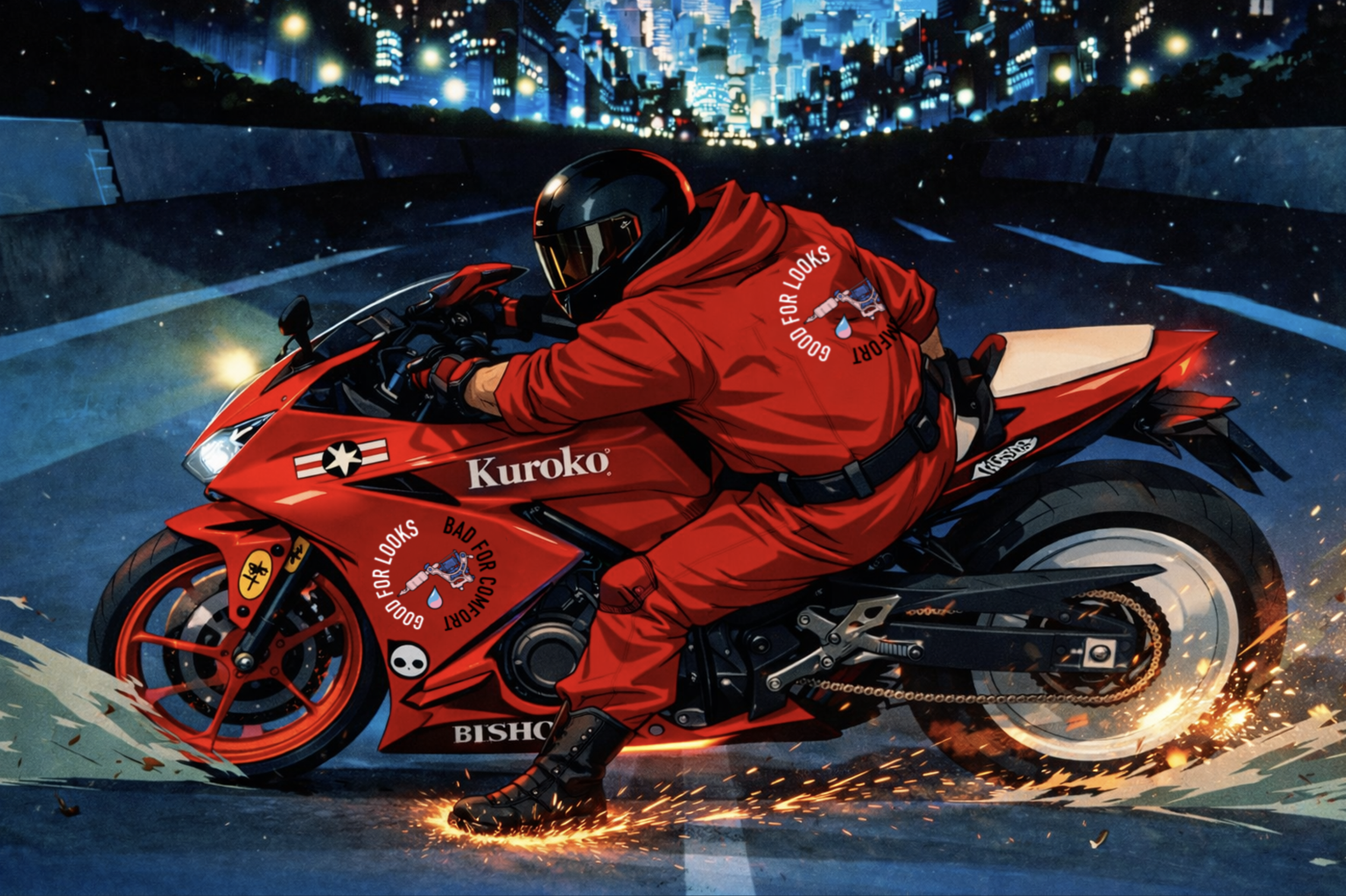 Kuroko Akira-inspired motorbike artwork showing rider in motion