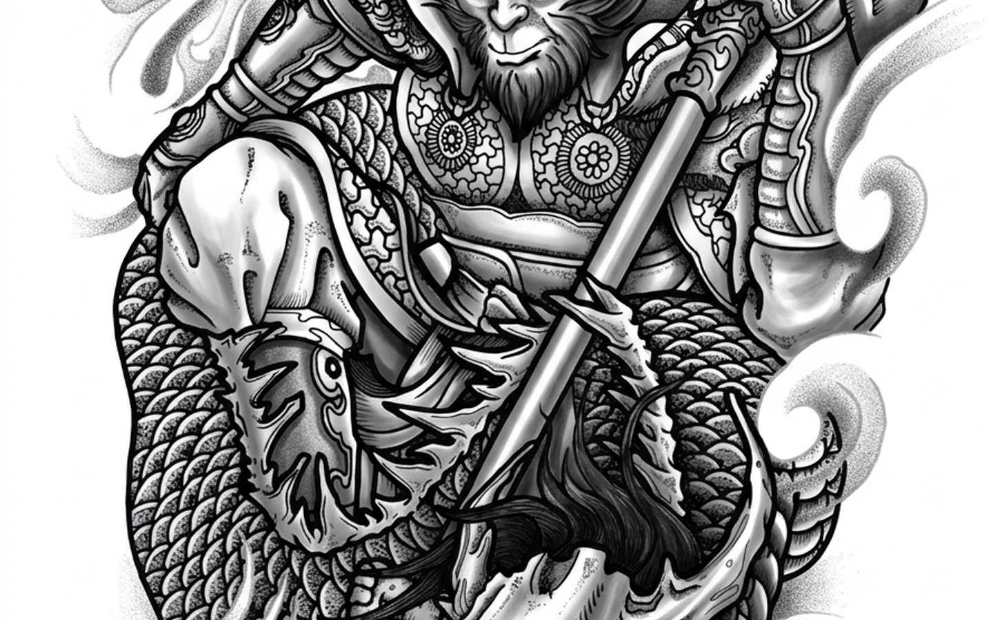 Black and grey study of the Monkey King tattoo design by Kuroko Ink