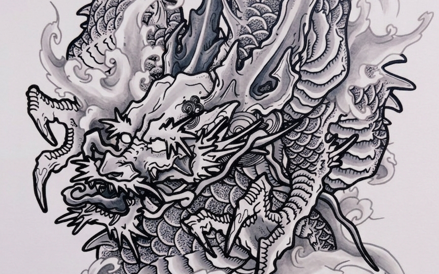 Grey wash version of the Rising Storm Dragon tattoo design by Kuroko Ink