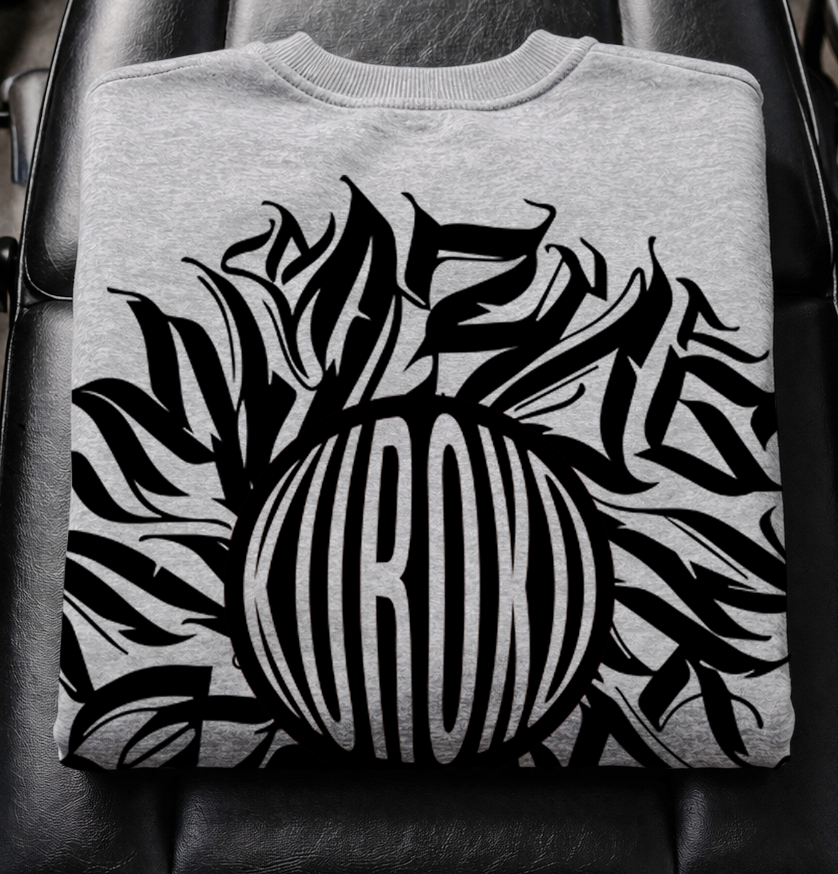 Close-up of Kuroko Ink back print on grey sweatshirt