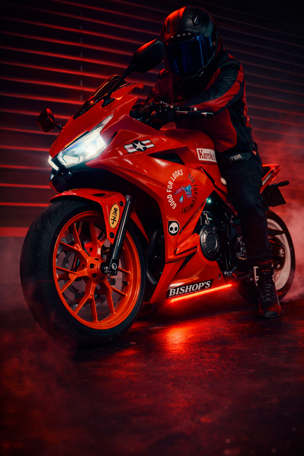 Red Kuroko Akira-inspired motorbike photographed with neon lighting