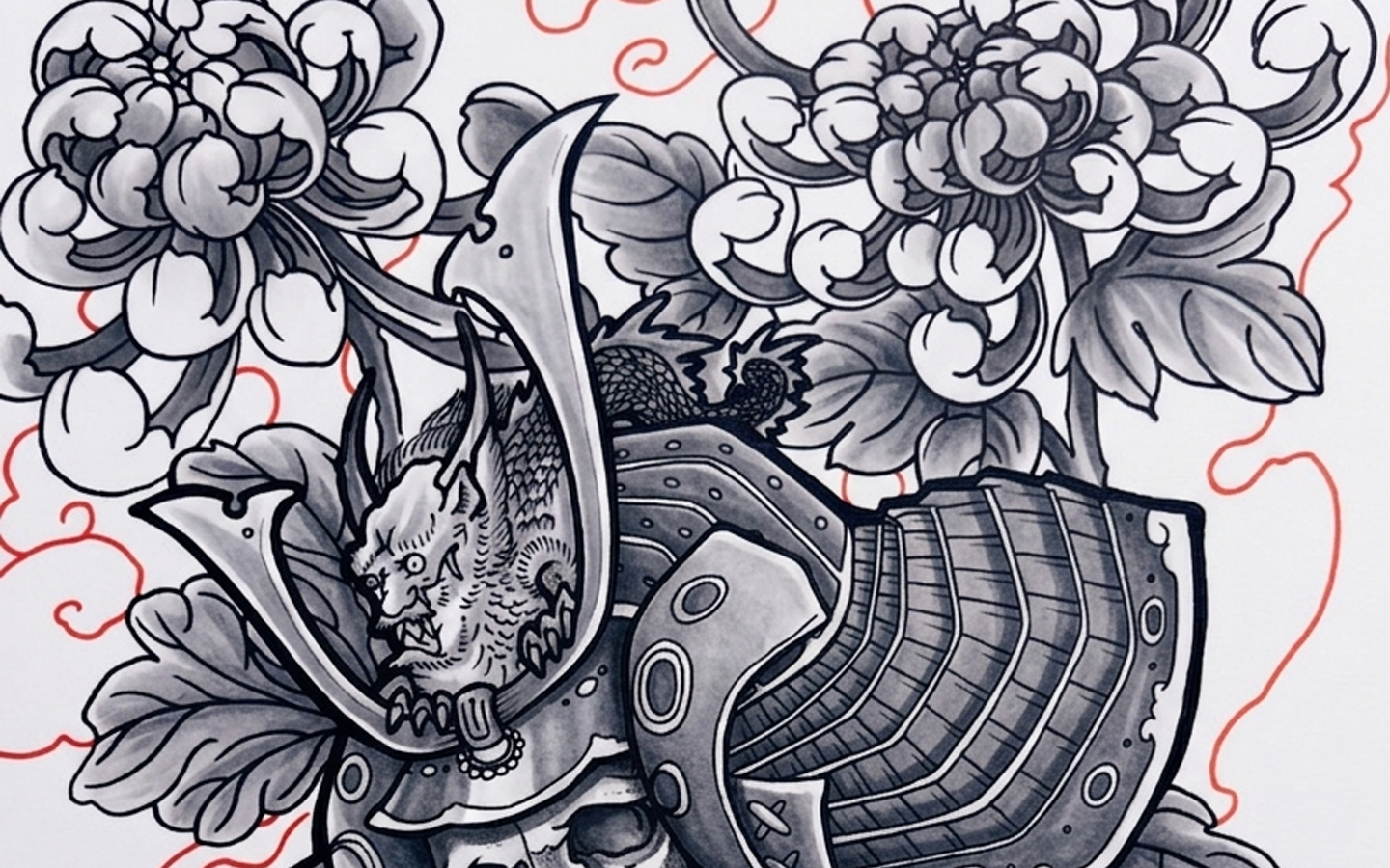 Grey wash version of the Kabuto of the Fallen tattoo design by Kuroko Ink