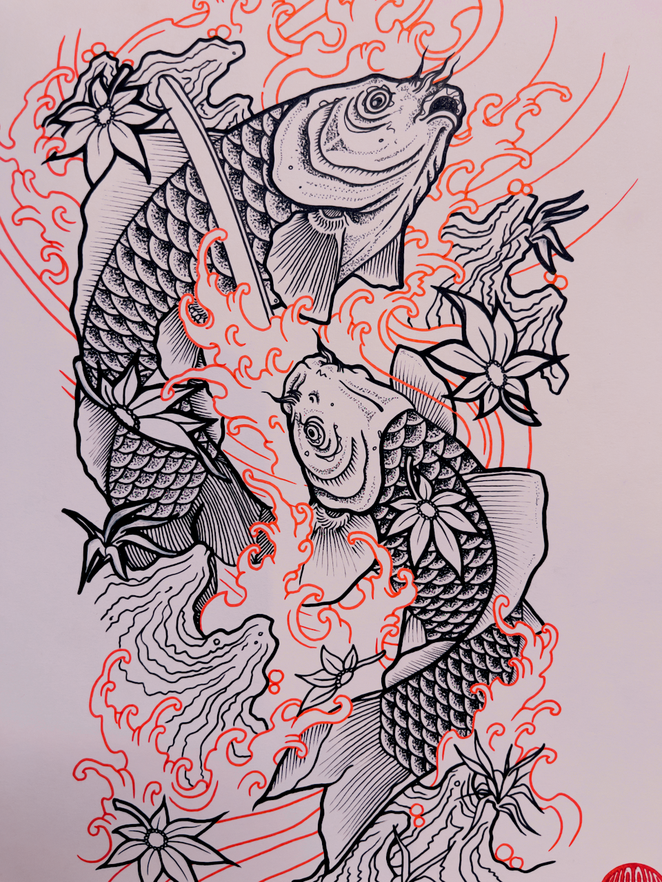 Hand-drawn koi tattoo design with flowers by Kuroko Ink
