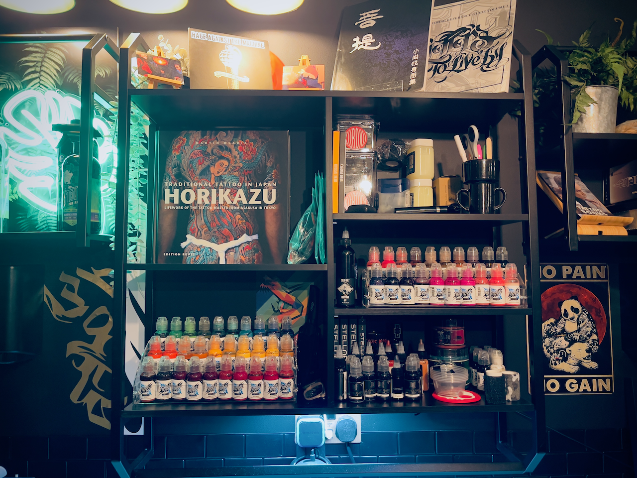 Product display fridge and shelving inside Kuroko Ink studio