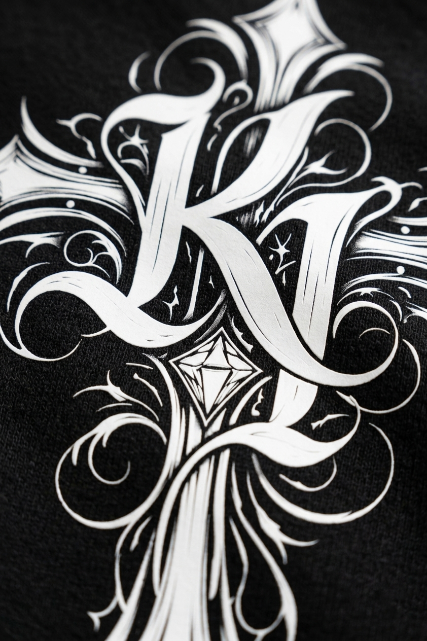 Close-up of Kuroko Ink gothic logo printed on black fabric