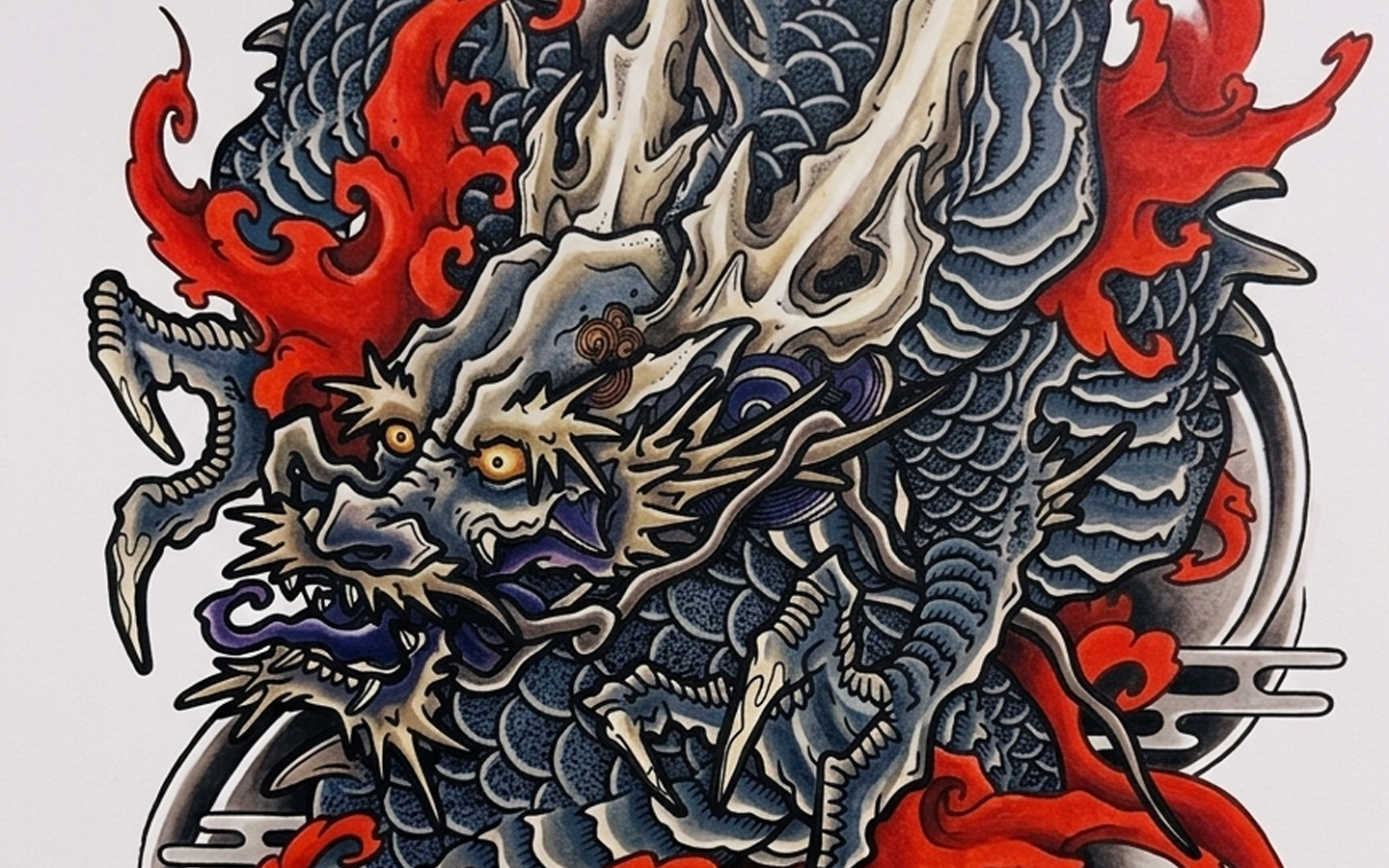 Traditional colour version of the Rising Storm Dragon tattoo design by Kuroko Ink