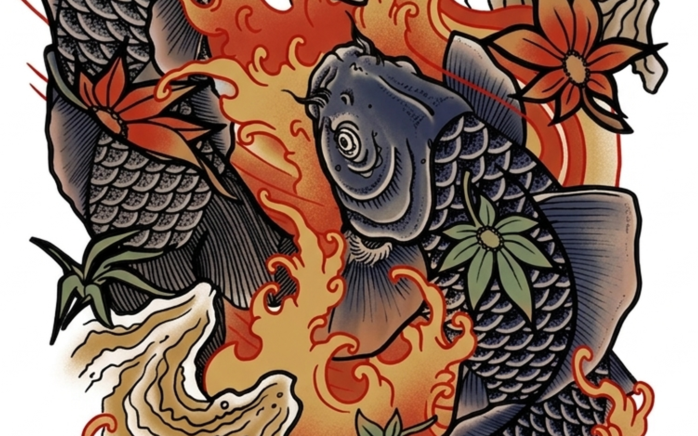 Traditional colour version of the koi floral tattoo design by Kuroko Ink