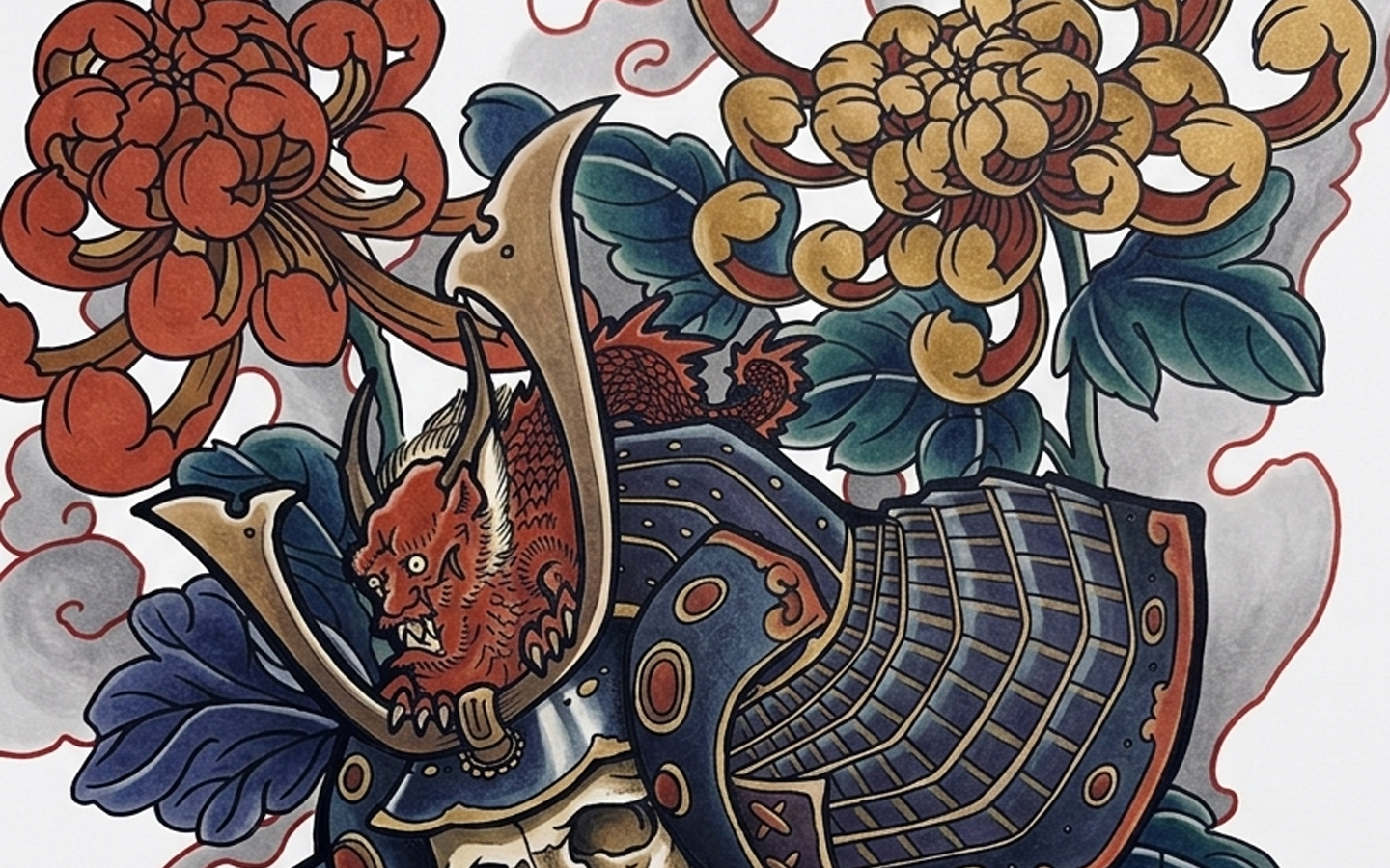 Traditional colour version of the Kabuto of the Fallen tattoo design by Kuroko Ink