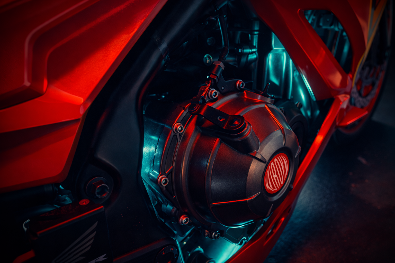 Close-up of Kuroko Akira bike engine and fairing detail