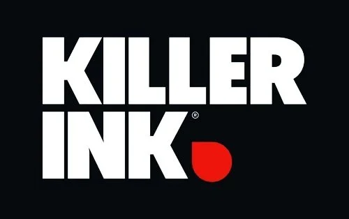 Killer Ink logo with large white text and a small red ink droplet on a black background.